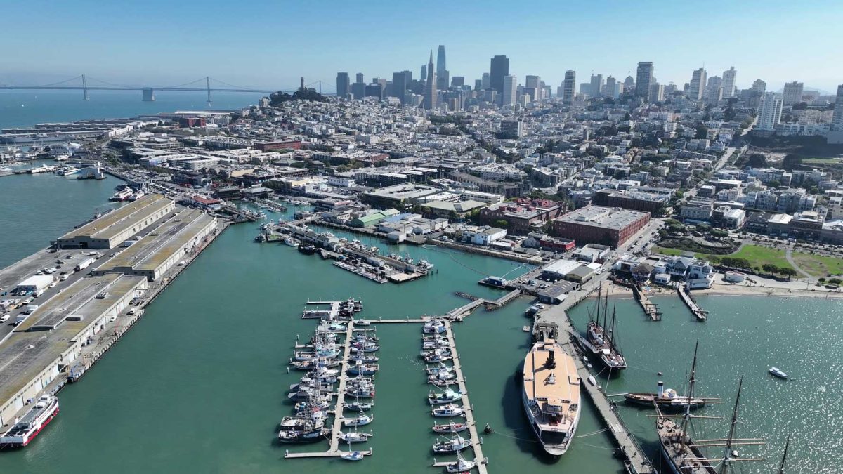 Aerial view of San Francisco bay and marina neighborhood on a bright blue-sky day