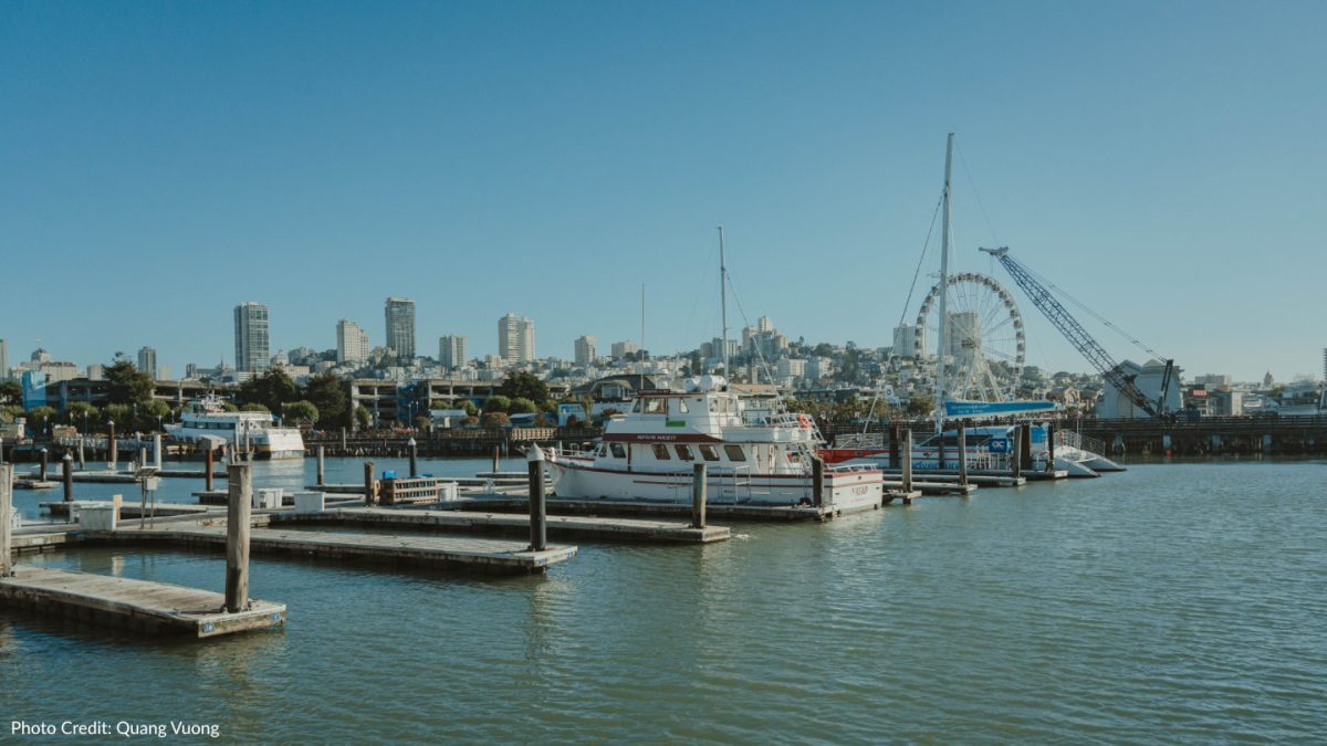 Picturesque marina at Fisherman's Wharf, San Francisco featuring boats and a ferris wheel.